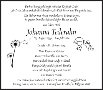 Traueranzeige von Johanna Tederahn von Märkische Oderzeitung