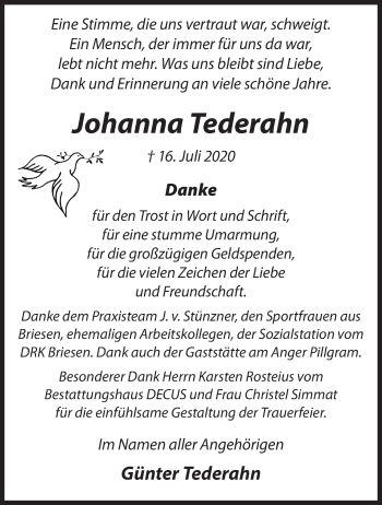 Traueranzeige von Johanna Tederahn von Märkische Oderzeitung