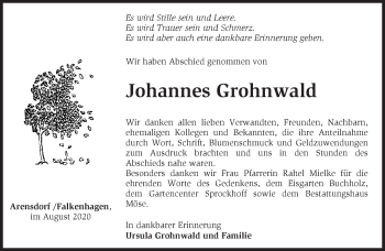 Traueranzeige von Johannes Grohnwald von Märkische Oderzeitung