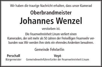 Traueranzeige von Johannes Wenzel von Märkische Oderzeitung