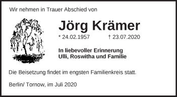 Traueranzeige von Jörg Krämer von Märkische Oderzeitung