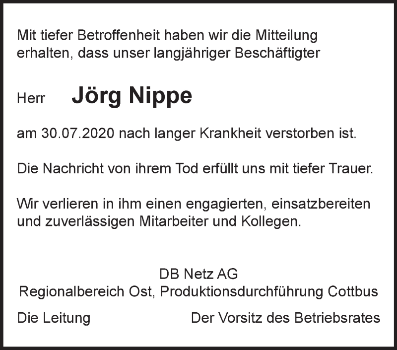  Traueranzeige für Jörg Nippe vom 10.08.2020 aus Märkische Oderzeitung