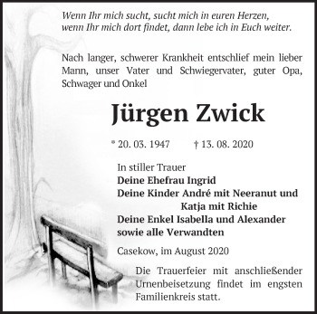 Traueranzeige von Jürgen Zwick von Märkische Oderzeitung