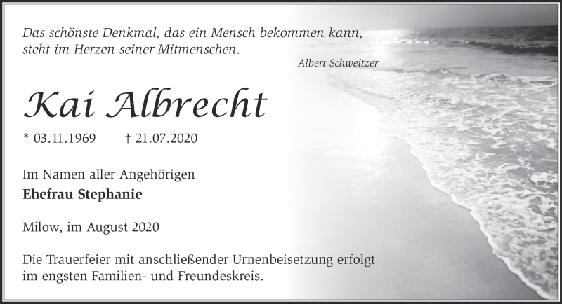  Traueranzeige für Kai Albrecht vom 02.08.2020 aus Märkische Oderzeitung