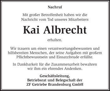 Traueranzeige von Kai Albrecht von Märkische Oderzeitung