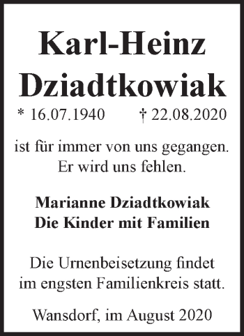 Traueranzeige von Karl-Heinz Dziadtkowiak von Märkische Oderzeitung