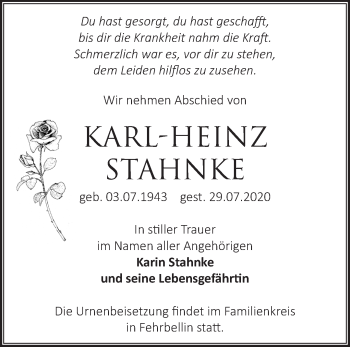 Traueranzeige von Karl-Heinz Stahnke von Märkische Oderzeitung