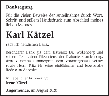 Traueranzeige von Karl Kätzel von Märkische Oderzeitung