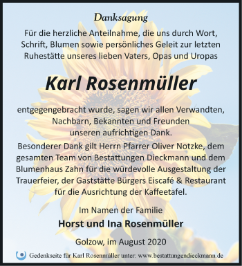 Traueranzeige von Karl Rosenmüller von Märkische Oderzeitung