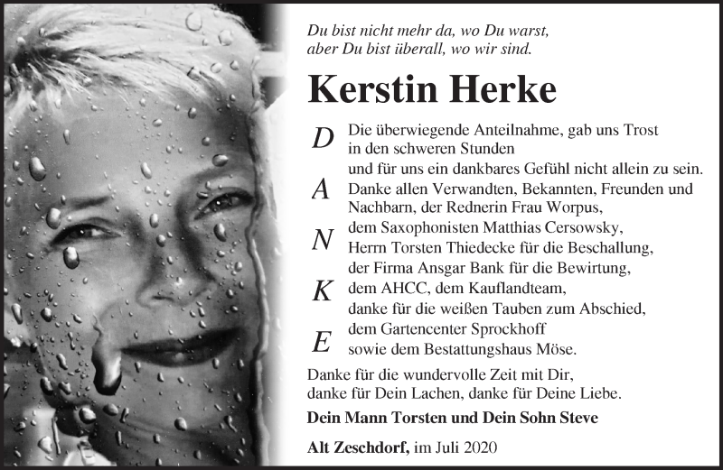  Traueranzeige für Kerstin Herke vom 01.08.2020 aus Märkische Oderzeitung