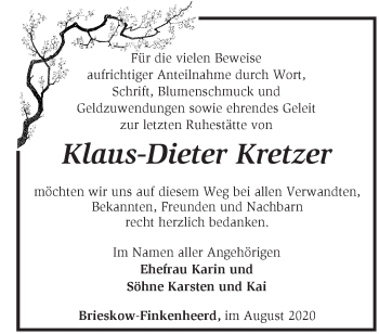 Traueranzeige von Klaus-Dieter Kretzer von Märkische Oderzeitung