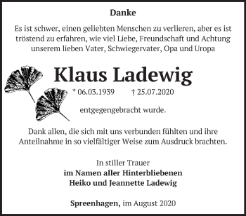 Traueranzeige von Klaus Ladewig von Märkische Oderzeitung