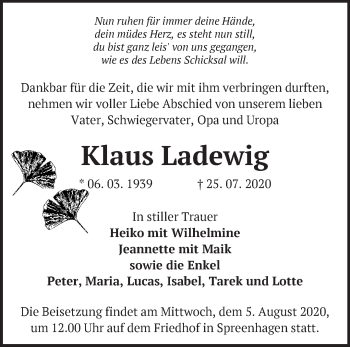 Traueranzeige von Klaus Ladewig von Märkische Oderzeitung