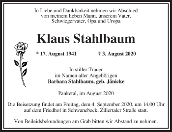 Traueranzeige von Klaus Stahlbaum von Märkische Oderzeitung