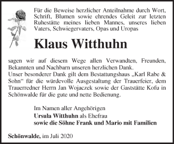 Traueranzeige von Klaus Witthuhn von Märkische Oderzeitung