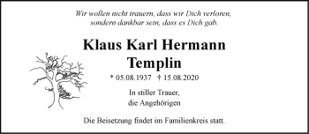 Traueranzeige von Klaus Karl Hermann Templin von Märkische Oderzeitung