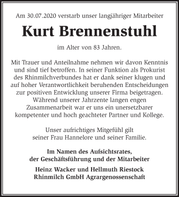 Traueranzeige von Kurt Brennenstuhl von Märkische Oderzeitung