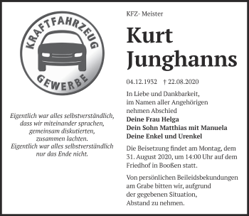 Traueranzeige von Kurt Junghanns von Märkische Oderzeitung