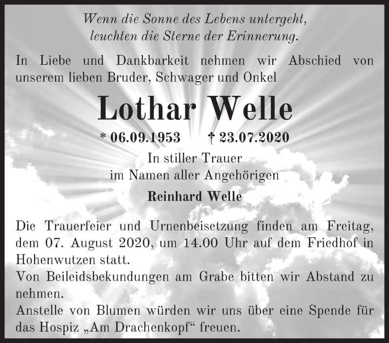  Traueranzeige für Lothar Welle vom 02.08.2020 aus Märkische Oderzeitung