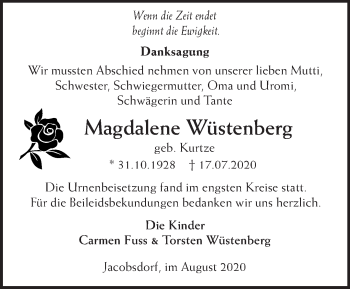 Traueranzeige von Magdalene Wüstenberg von Märkische Oderzeitung