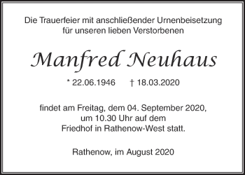 Traueranzeige von Manfred Neuhaus von Märkische Oderzeitung