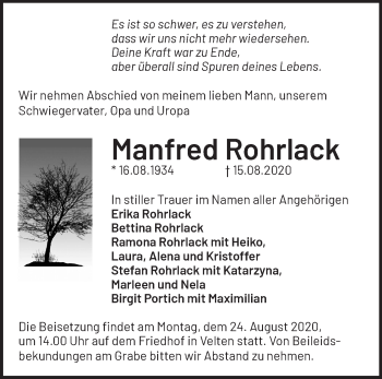 Traueranzeige von Manfred Rohrlack von Märkische Oderzeitung