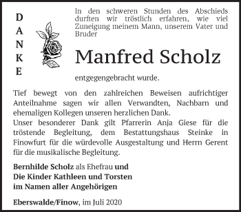 Traueranzeige von Manfred Scholz von Märkische Oderzeitung