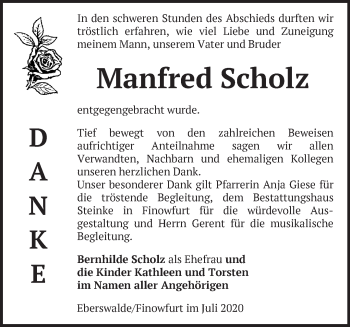 Traueranzeige von Manfred Scholz von Märkische Oderzeitung