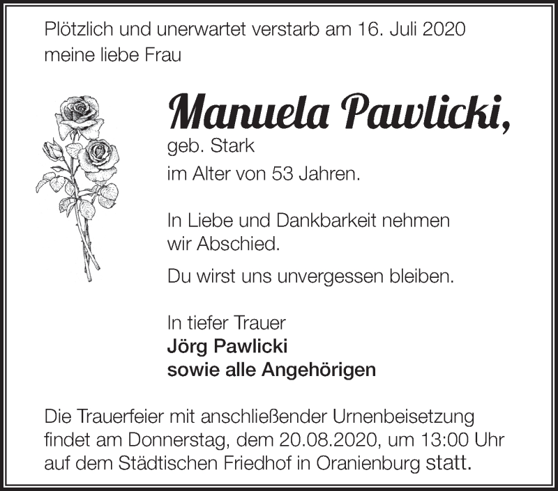 Traueranzeige für Manuela Pawlicki vom 15.08.2020 aus Märkische Oderzeitung