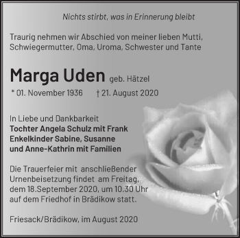 Traueranzeige von Marga Uden von Märkische Oderzeitung