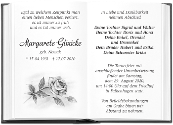 Traueranzeige von Margarete Glinicke von Märkische Oderzeitung