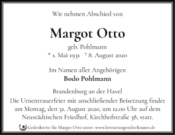 Traueranzeige von Margot Otto von Märkische Oderzeitung