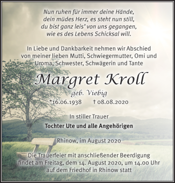 Traueranzeige von Margret Kroll von Märkische Oderzeitung