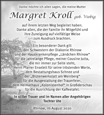 Traueranzeige von Margret Kroll von Märkische Oderzeitung