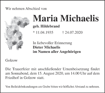 Traueranzeige von Maria Michaelis von Märkische Oderzeitung