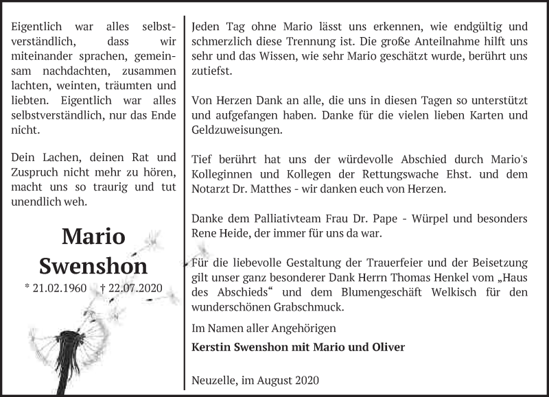  Traueranzeige für Mario Swenshon vom 09.08.2020 aus Märkische Oderzeitung