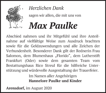 Traueranzeige von Max Paulke von Märkische Oderzeitung