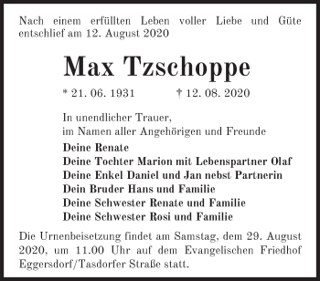 Traueranzeige von Max Tzschoppe von Märkische Oderzeitung