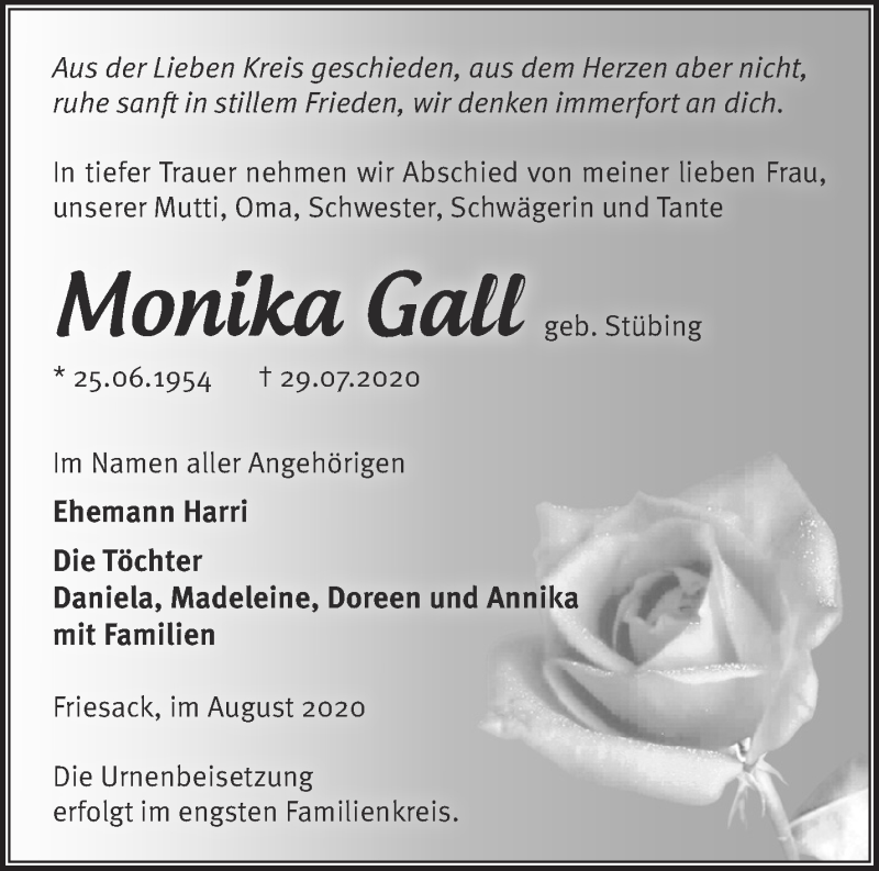  Traueranzeige für Monika Gall vom 09.08.2020 aus Märkische Oderzeitung