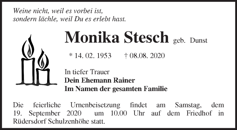  Traueranzeige für Monika Stesch vom 30.08.2020 aus Märkische Oderzeitung