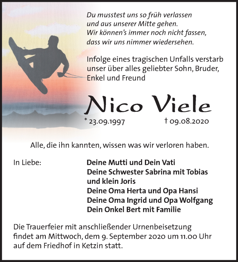  Traueranzeige für Nico Viele vom 23.08.2020 aus Märkische Oderzeitung