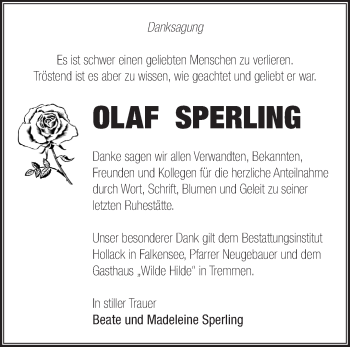 Traueranzeige von Olaf Sperling von Märkische Oderzeitung