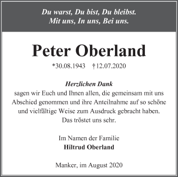 Traueranzeige von Peter Oberland von Märkische Oderzeitung