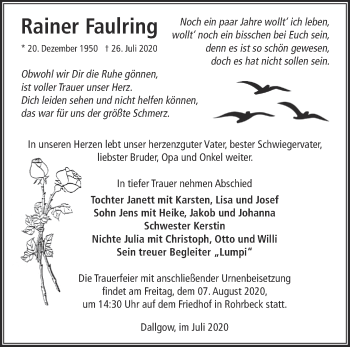 Traueranzeige von Rainer Faulring von Märkische Oderzeitung