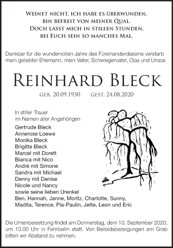 Traueranzeige von Reinhard Bleck von Märkische Oderzeitung