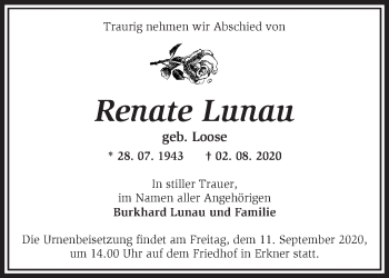 Traueranzeige von Renate Lunau von Märkische Oderzeitung