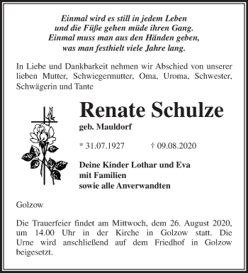 Traueranzeige von Renate Schulze von Märkische Oderzeitung