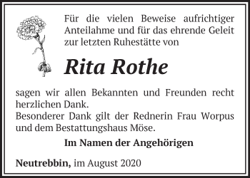 Traueranzeige von Rita Rothe von Märkische Oderzeitung