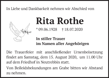 Traueranzeige von Rita Rothe von Märkische Oderzeitung