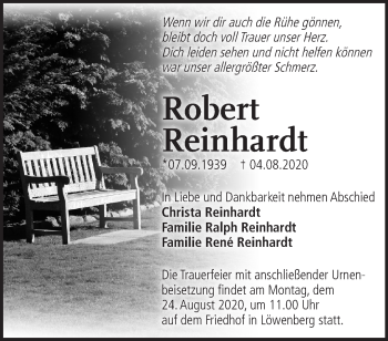 Traueranzeige von Robert Reinhardt von Märkische Oderzeitung